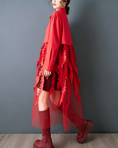 ellazhu Women's Oversized Tulle Leaf Patchwork Button Shirt Dress GZ1003