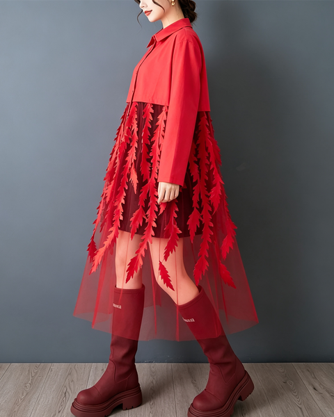 ellazhu Women's Oversized Tulle Leaf Patchwork Button Shirt Dress GZ1003