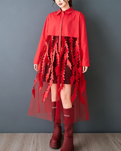 ellazhu Women's Oversized Tulle Leaf Patchwork Button Shirt Dress GZ1003