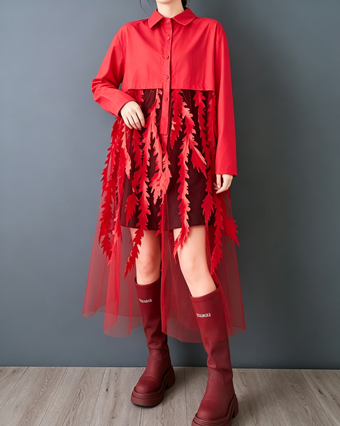 ellazhu Women's Oversized Tulle Leaf Patchwork Button Shirt Dress GZ1003