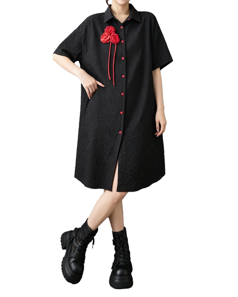 ellazhu Women's Oversized Rose Applique Button Down Shirt Dress GZ1004
