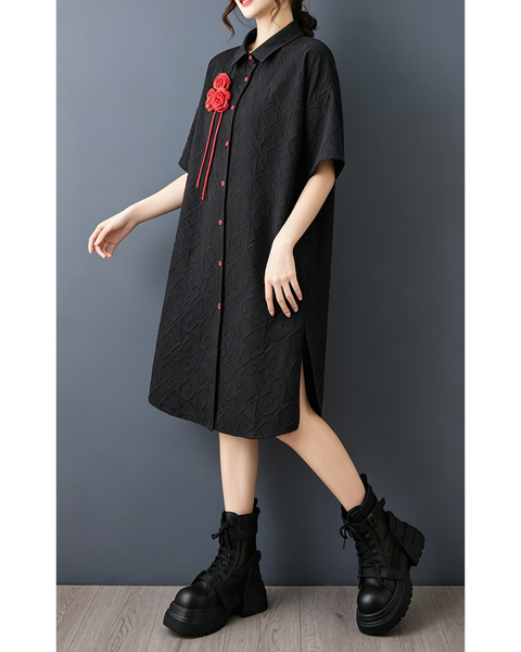 ellazhu Women's Oversized Rose Applique Button Down Shirt Dress GZ1004