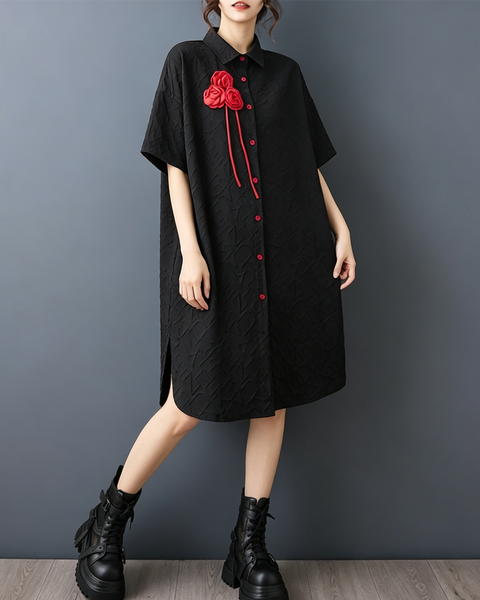 ellazhu Women's Oversized Rose Applique Button Down Shirt Dress GZ1004