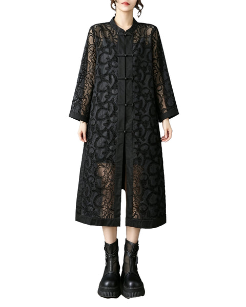 ellazhu Women's Sheer Lace Long Coat Embroidered Cardigan Duster GZ1008