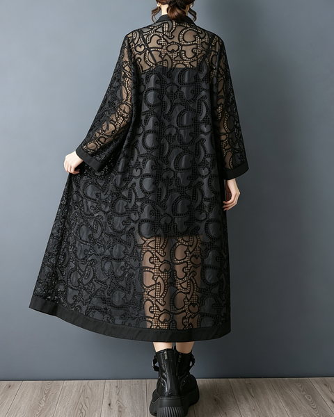 ellazhu Women's Sheer Lace Long Coat Embroidered Cardigan Duster GZ1008