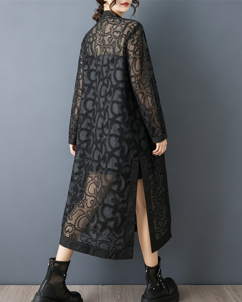 ellazhu Women's Sheer Lace Long Coat Embroidered Cardigan Duster GZ1008