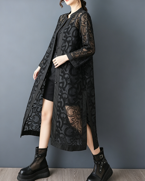 ellazhu Women's Sheer Lace Long Coat Embroidered Cardigan Duster GZ1008