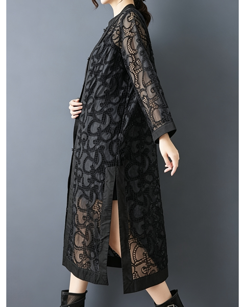 ellazhu Women's Sheer Lace Long Coat Embroidered Cardigan Duster GZ1008