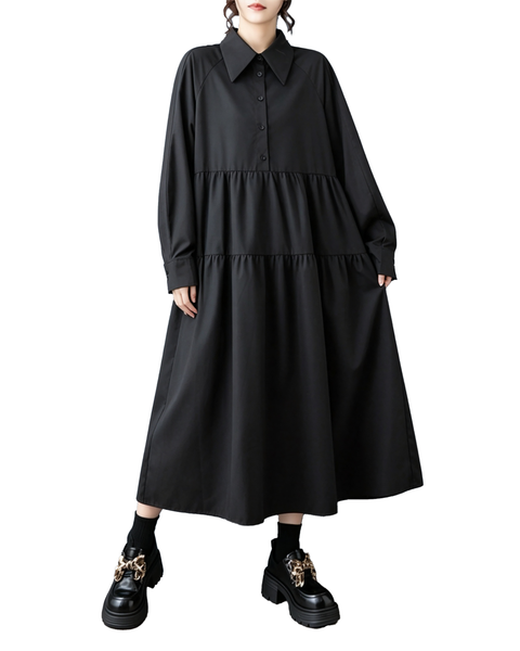 ellazhu Women's Oversized Tiered Collared Maxi Shirt Dress Casual GZ1010