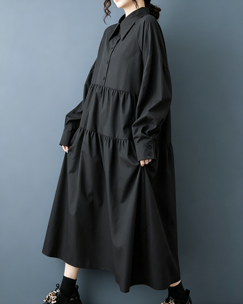 ellazhu Women's Oversized Tiered Collared Maxi Shirt Dress Casual GZ1010