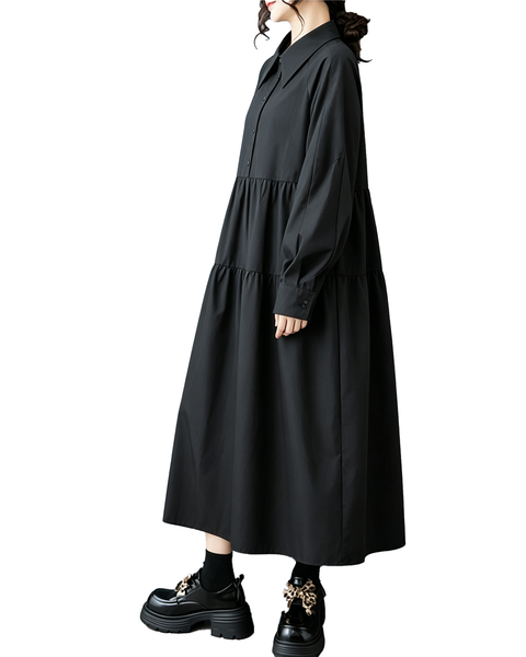ellazhu Women's Oversized Tiered Collared Maxi Shirt Dress Casual GZ1010