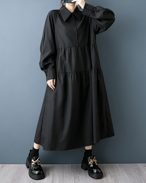 ellazhu Women's Oversized Tiered Collared Maxi Shirt Dress Casual GZ1010