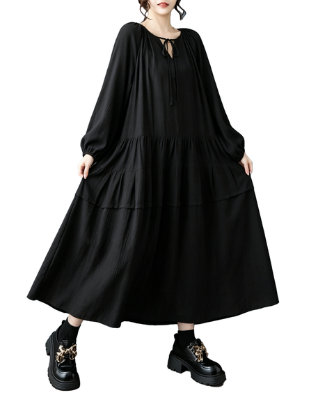 ellazhu Women's Oversized Tie Neck Tiered Maxi Dress Long Sleeves GZ1011