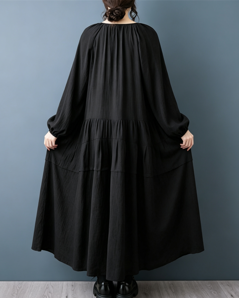 ellazhu Women's Oversized Tie Neck Tiered Maxi Dress Long Sleeves GZ1011