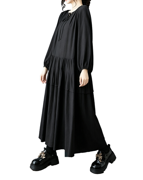 ellazhu Women's Oversized Tie Neck Tiered Maxi Dress Long Sleeves GZ1011