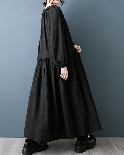 ellazhu Women's Oversized Tie Neck Tiered Maxi Dress Long Sleeves GZ1011