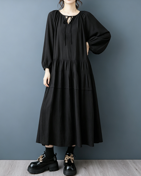 ellazhu Women's Oversized Tie Neck Tiered Maxi Dress Long Sleeves GZ1011