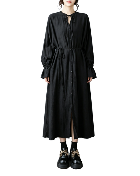 ellazhu Women's Tie Neck Button Down Maxi Shirt Dress Casual Boho GZ1012
