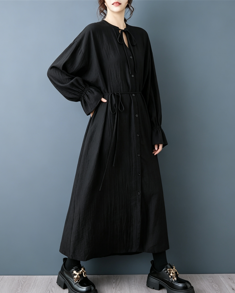 ellazhu Women's Tie Neck Button Down Maxi Shirt Dress Casual Boho GZ1012