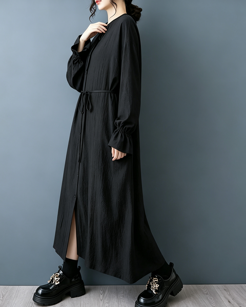 ellazhu Women's Tie Neck Button Down Maxi Shirt Dress Casual Boho GZ1012