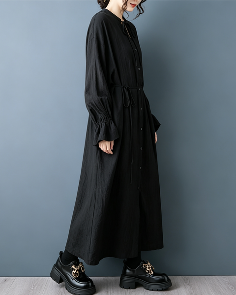 ellazhu Women's Tie Neck Button Down Maxi Shirt Dress Casual Boho GZ1012