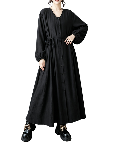 ellazhu Women's V Neck Button Down Maxi Dress Long Sleeve Pockets GZ1013