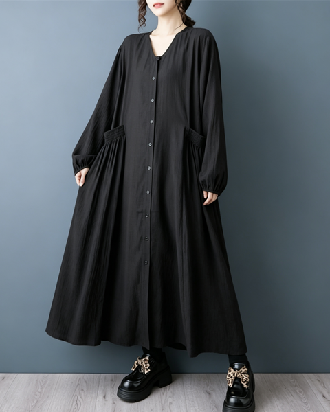 ellazhu Women's V Neck Button Down Maxi Dress Long Sleeve Pockets GZ1013