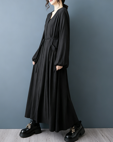 ellazhu Women's V Neck Button Down Maxi Dress Long Sleeve Pockets GZ1013
