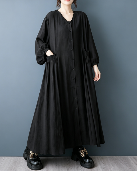 ellazhu Women's V Neck Button Down Maxi Dress Long Sleeve Pockets GZ1013