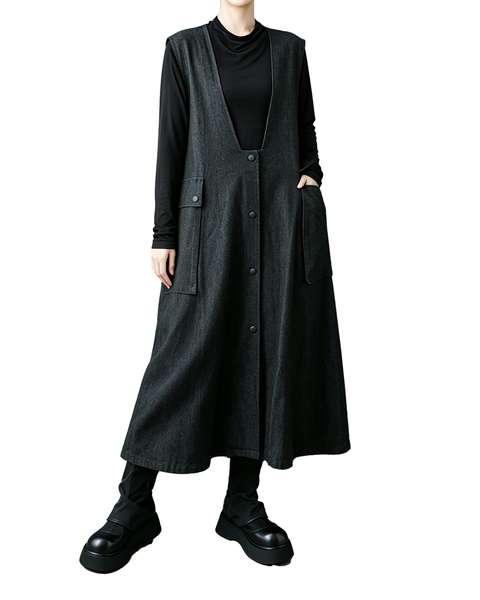 ellazhu Women's Oversized Denim V Neck Button Maxi Pinafore Dress GZ1018