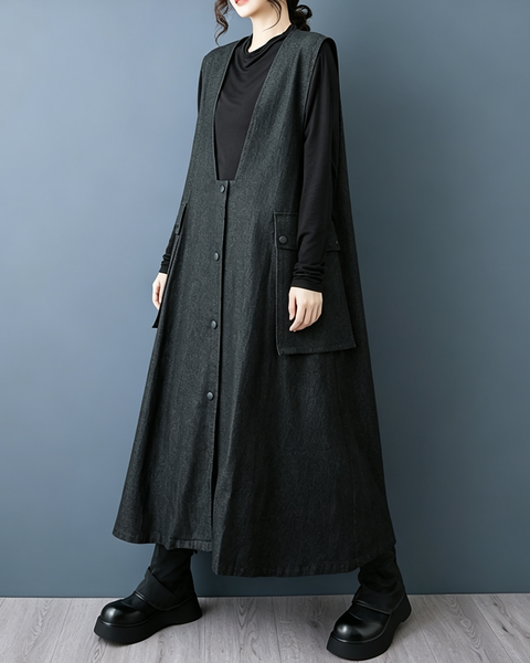 ellazhu Women's Oversized Denim V Neck Button Maxi Pinafore Dress GZ1018