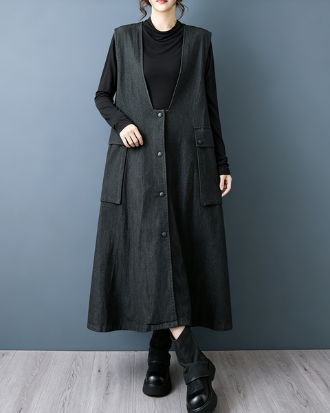 ellazhu Women's Oversized Denim V Neck Button Maxi Pinafore Dress GZ1018