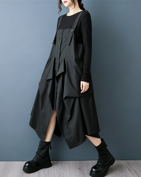 ellazhu Women's Oversized Asymmetric Layered Pinafore Maxi Jumper GZ1019