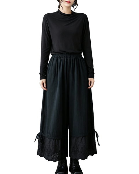 ellazhu Women's Wide Leg Lace Trim Culottes Elastic Waist Palazzo GZ1020