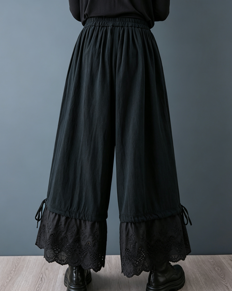 ellazhu Women's Wide Leg Lace Trim Culottes Elastic Waist Palazzo GZ1020
