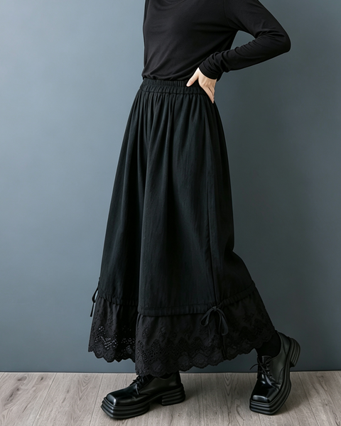 ellazhu Women's Wide Leg Lace Trim Culottes Elastic Waist Palazzo GZ1020