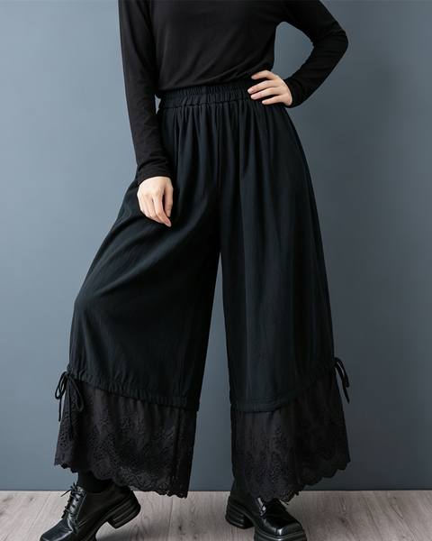 ellazhu Women's Wide Leg Lace Trim Culottes Elastic Waist Palazzo GZ1020