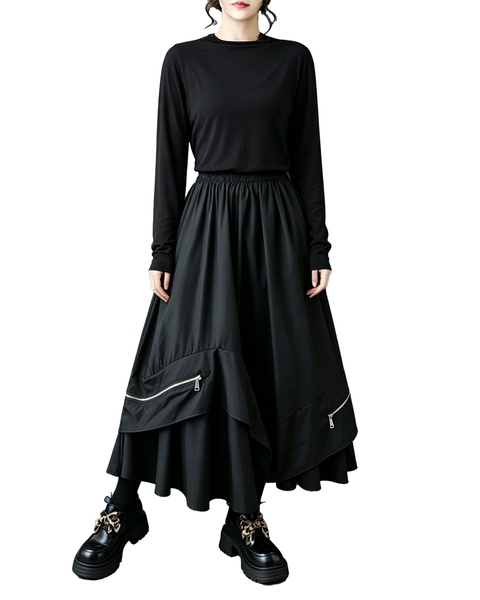 ellazhu Women's Elastic Waist Asymmetric Maxi Skirt Zipper Detail GZ1021