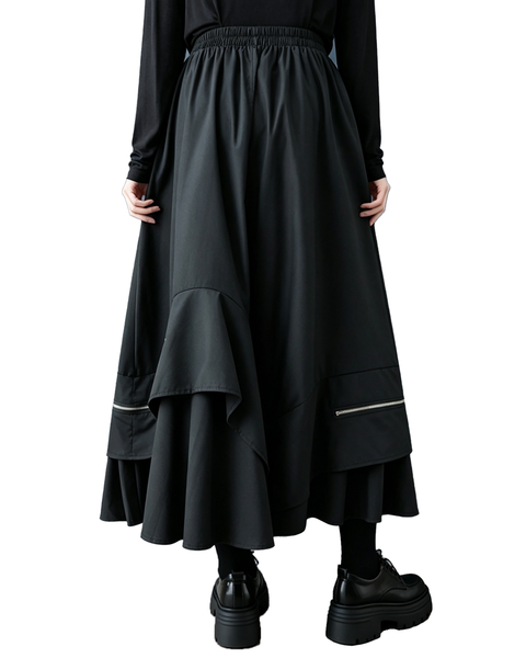 ellazhu Women's Elastic Waist Asymmetric Maxi Skirt Zipper Detail GZ1021