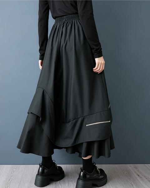ellazhu Women's Elastic Waist Asymmetric Maxi Skirt Zipper Detail GZ1021