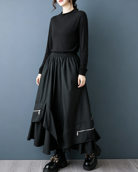 ellazhu Women's Elastic Waist Asymmetric Maxi Skirt Zipper Detail GZ1021