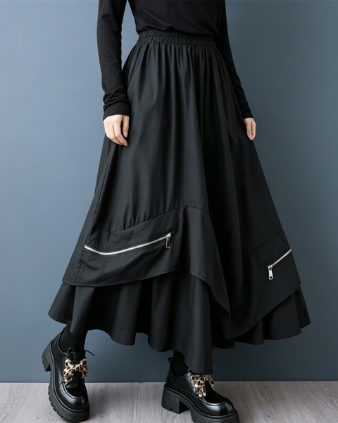 ellazhu Women's Elastic Waist Asymmetric Maxi Skirt Zipper Detail GZ1021