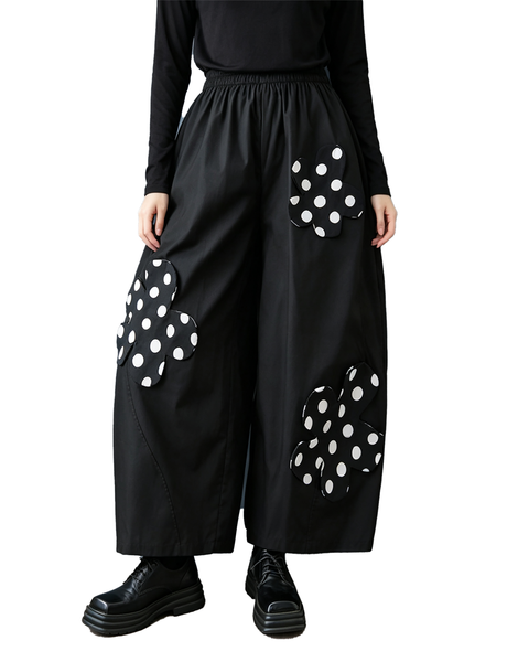ellazhu Women's Polka Dot Floral Applique Wide Leg Pants Palazzo GZ1022