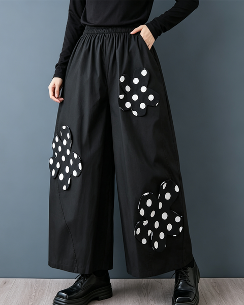 ellazhu Women's Polka Dot Floral Applique Wide Leg Pants Palazzo GZ1022