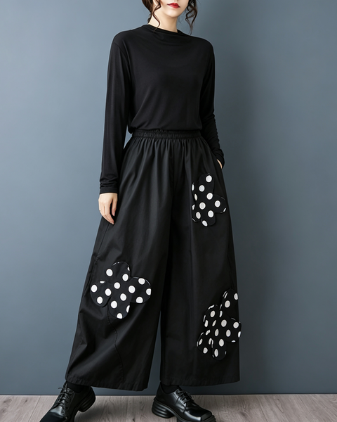 ellazhu Women's Polka Dot Floral Applique Wide Leg Pants Palazzo GZ1022