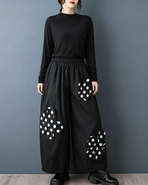 ellazhu Women's Polka Dot Floral Applique Wide Leg Pants Palazzo GZ1022
