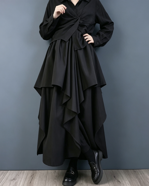 ellazhu Women's High Waist Layered Asymmetric Ruffle Maxi Skirt GZ1023