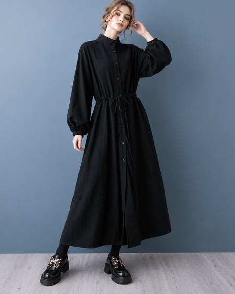 ellazhu Women's Long Sleeve Maxi Shirt Dress Drawstring Waist GZ1026