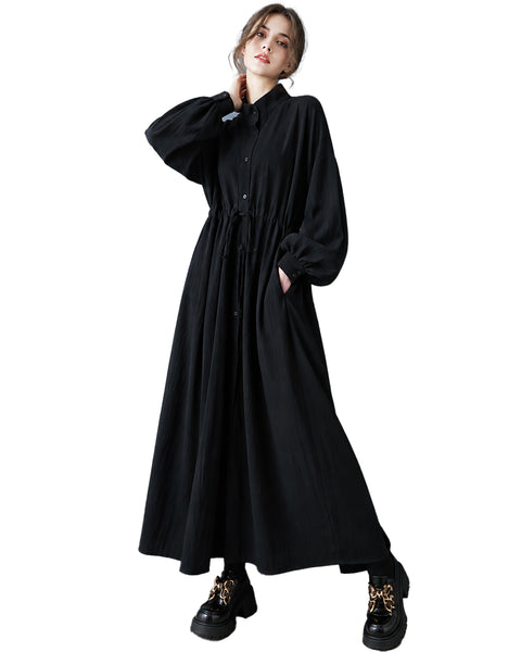 ellazhu Women's Long Sleeve Maxi Shirt Dress Drawstring Waist GZ1026