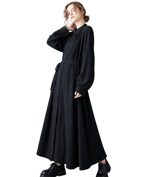 ellazhu Women's Long Sleeve Maxi Shirt Dress Belted Waist Pockets GZ1027